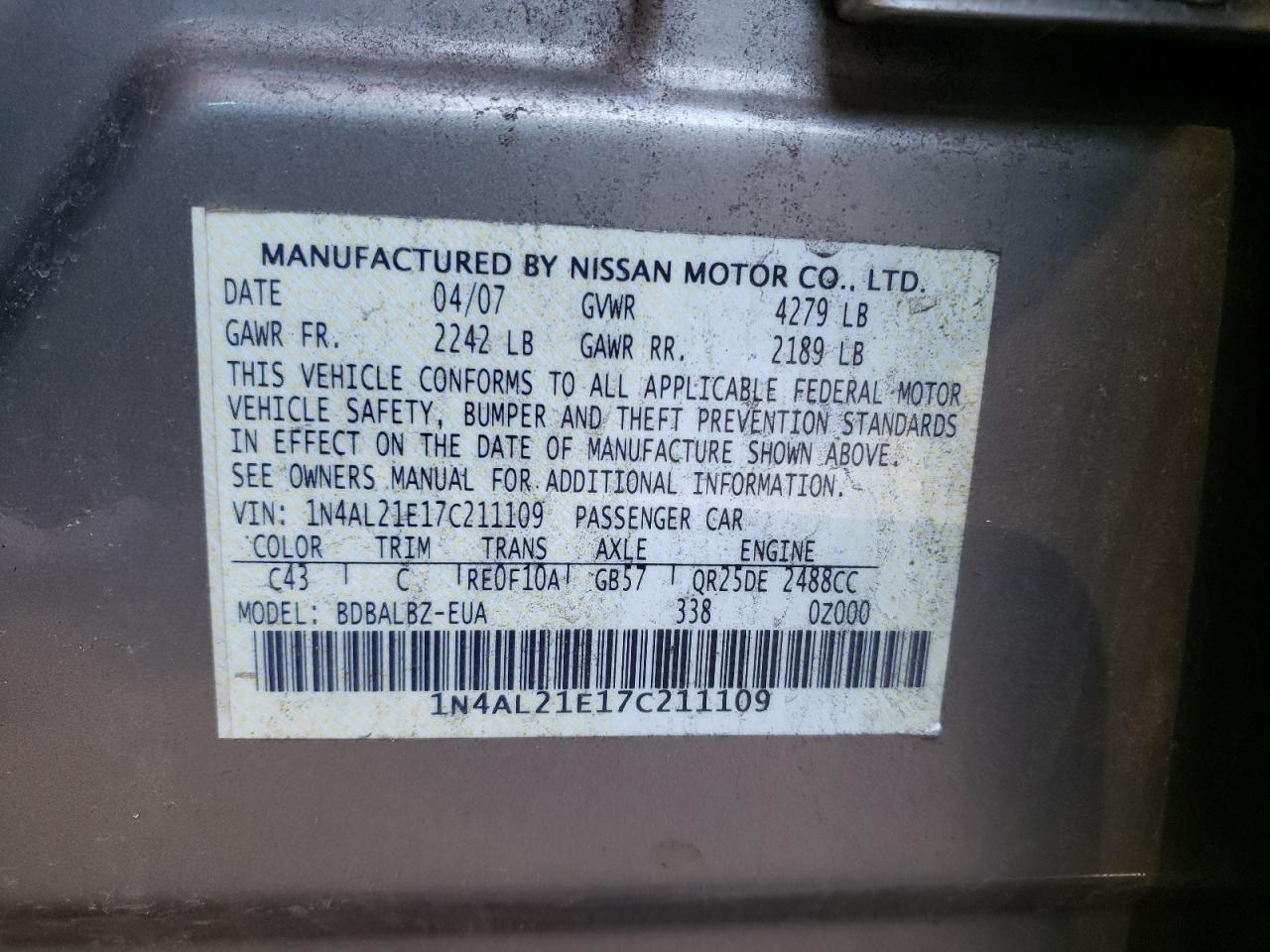 Photo 10 from auction – 2007 NISSAN ALTIMA with VIN 1N4AL21E17C211109