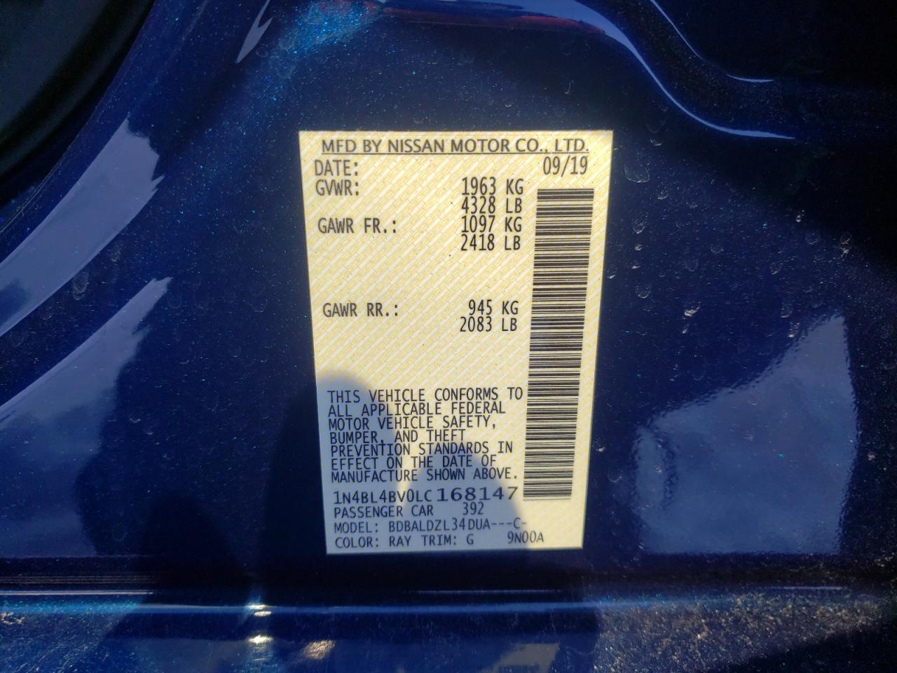Photo 10 from auction – 2020 NISSAN ALTIMA S with VIN 1N4BL4BV0LC168147