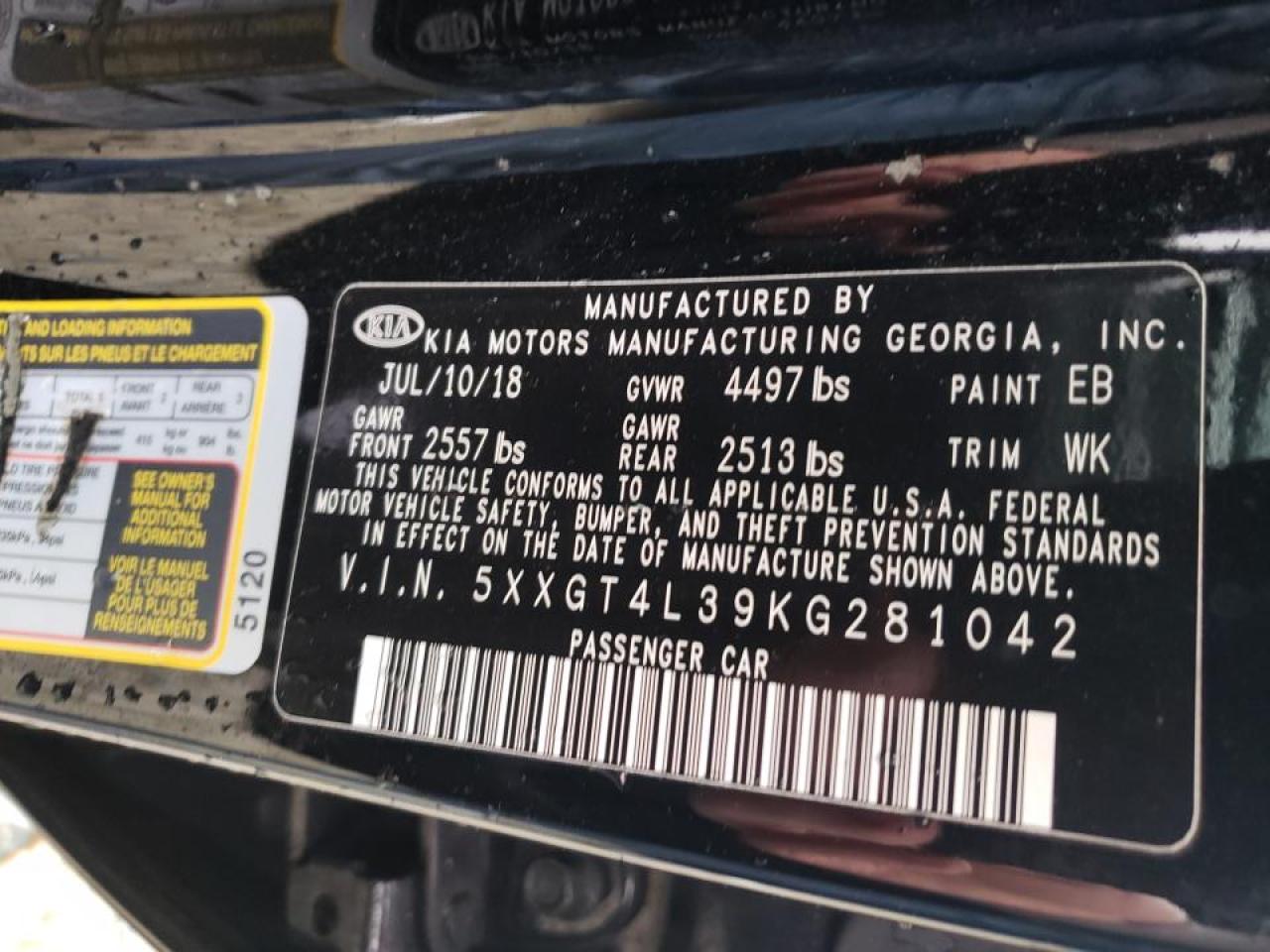 Photo 10 from auction – 2019 KIA OPTIMA with VIN 5XXGT4L39KG281042