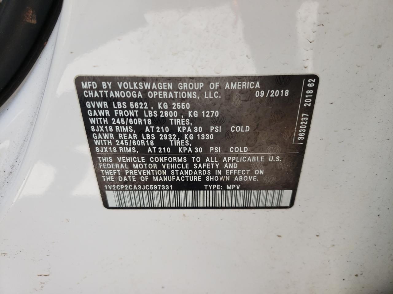 Photo 10 from auction – 2018 VOLKSWAGEN ATLAS SE with VIN 1V2CP2CA3JC597331