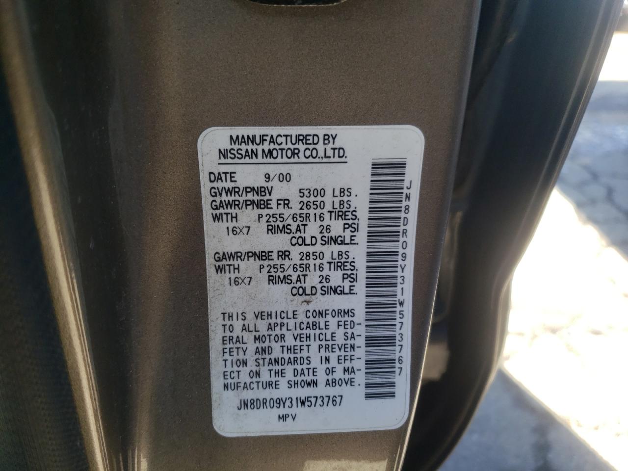 Photo 10 from auction – 2001 NISSAN PATHFINDER with VIN JN8DR09Y31W573767