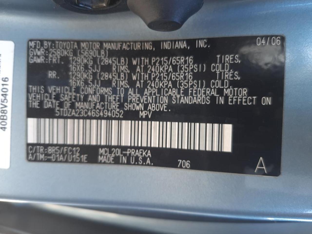 Photo 10 from auction – 2006 TOYOTA SIENNA CE with VIN 5TDZA23C46S494052