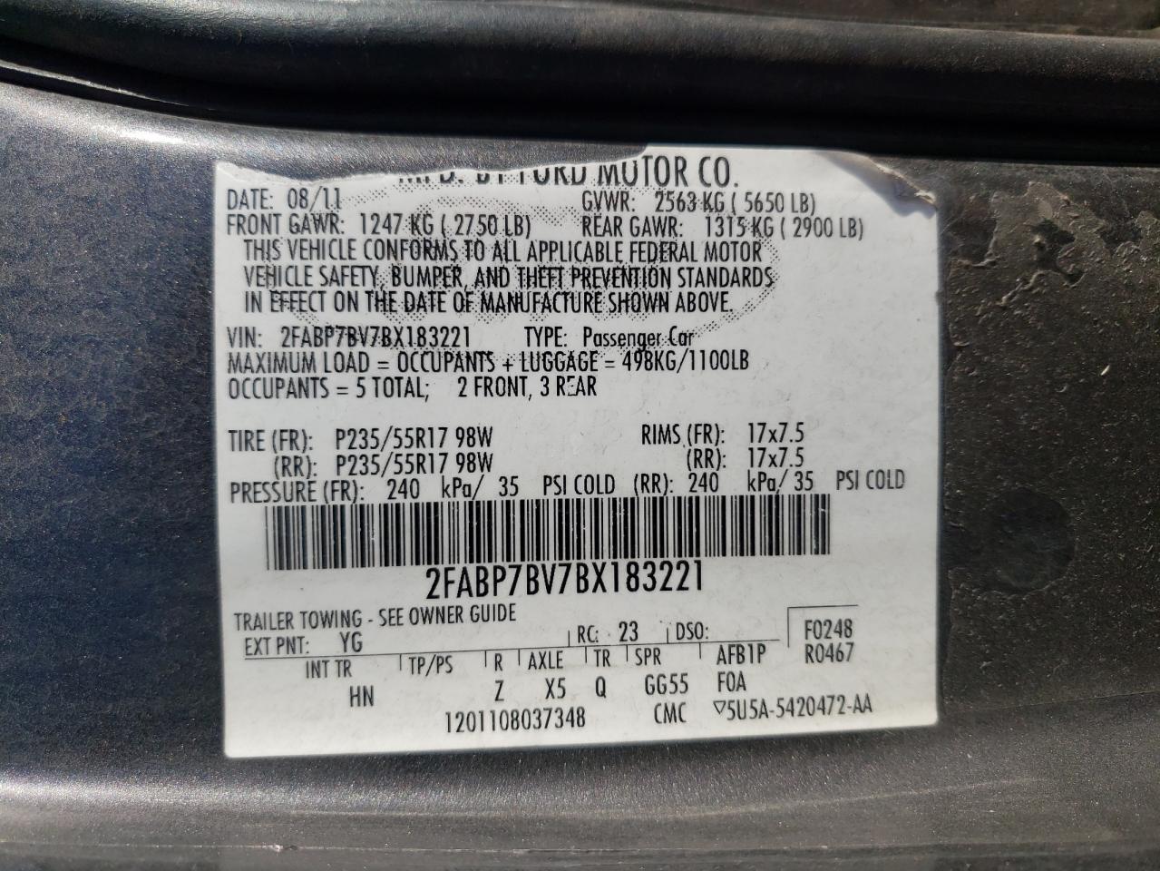 Photo 10 from auction – 2011 FORD CROWN VICT with VIN 2FABP7BV7BX183221