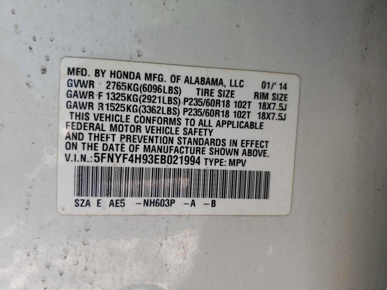 Photo 10 from auction – 2014 HONDA PILOT TOUR with VIN 5FNYF4H93EB021994
