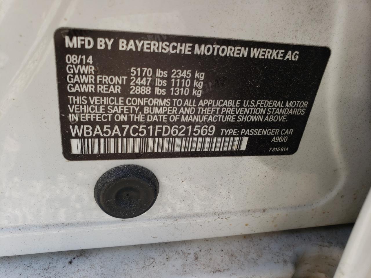 Photo 10 from auction – 2015 BMW 528 XI with VIN WBA5A7C51FD621569