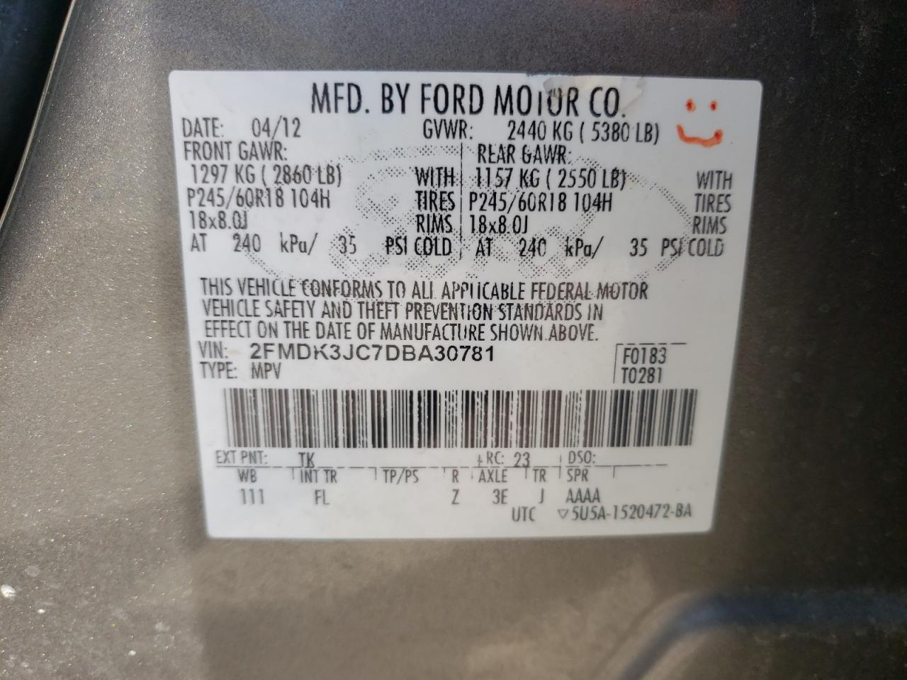 Photo 10 from auction – 2013 FORD EDGE SEL with VIN 2FMDK3JC7DBA30781