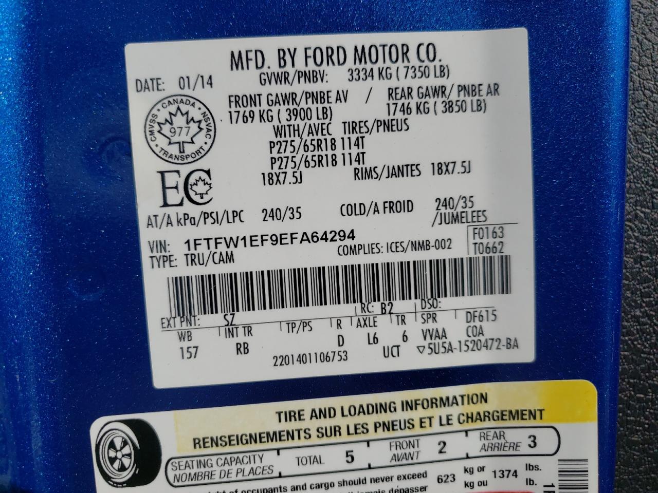 Photo 10 from auction – 2014 FORD F150 SUPER with VIN 1FTFW1EF9EFA64294