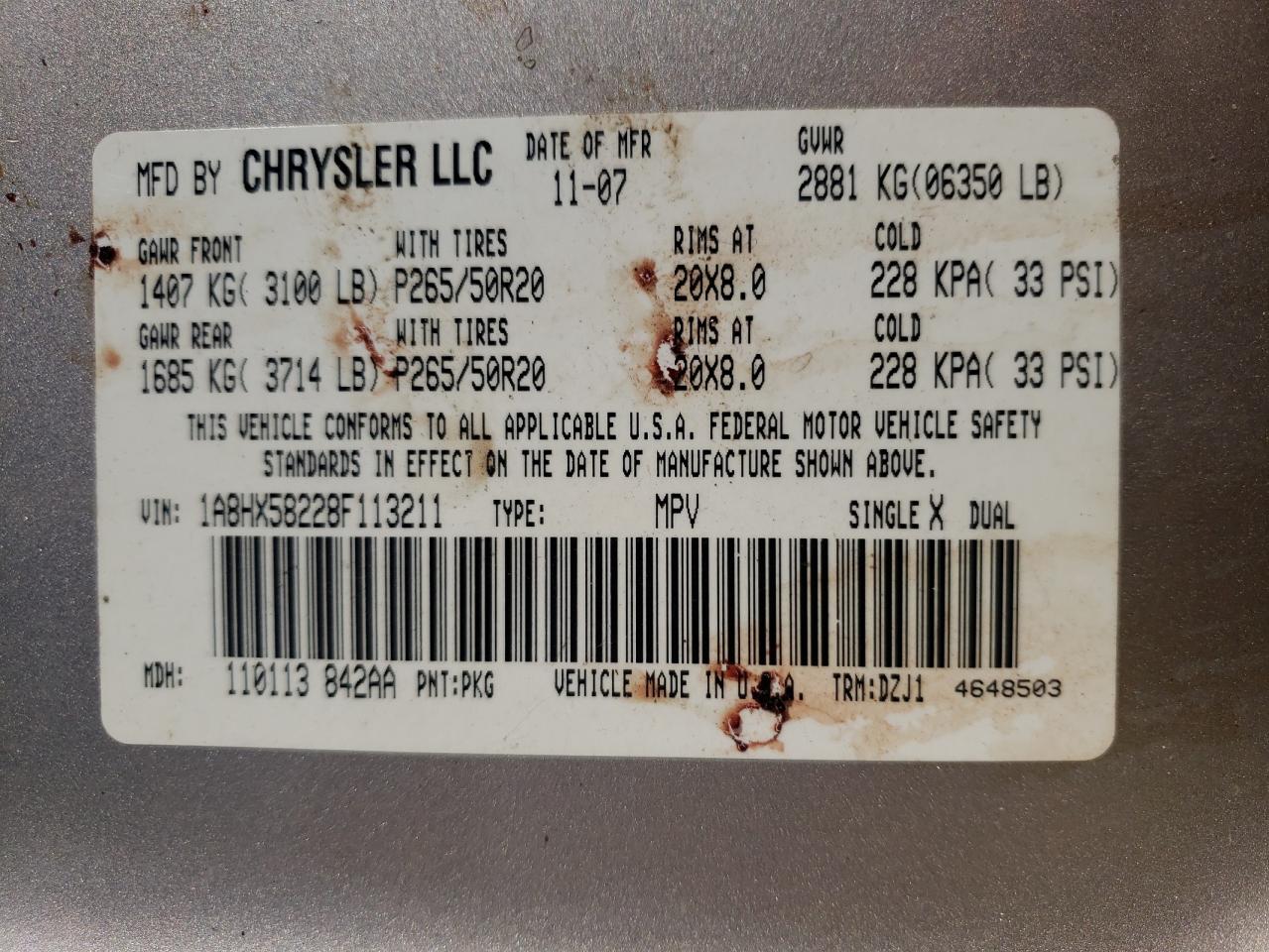 Photo 10 from auction – 2008 CHRYSLER ASPEN LIMI with VIN 1A8HX58228F113211