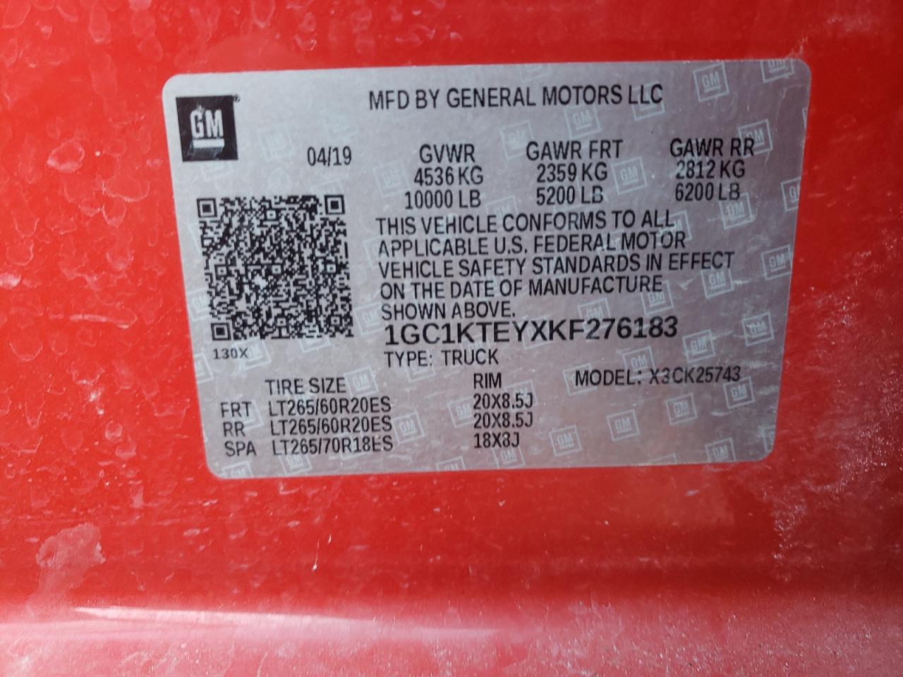 Photo 10 from auction – 2019 CHEVROLET SILVERADO with VIN 1GC1KTEYXKF276183