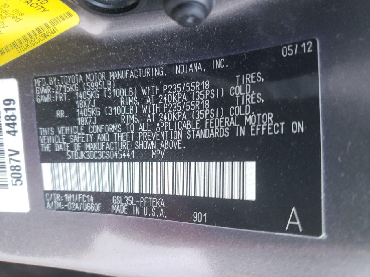 Photo 10 from auction – 2012 TOYOTA SIENNA LE with VIN 5TDJK3DC3CS045441