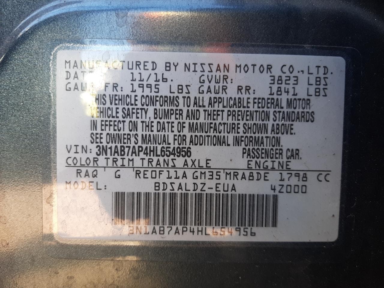 Photo 10 from auction – 2017 NISSAN SENTRA S with VIN 3N1AB7AP4HL654956