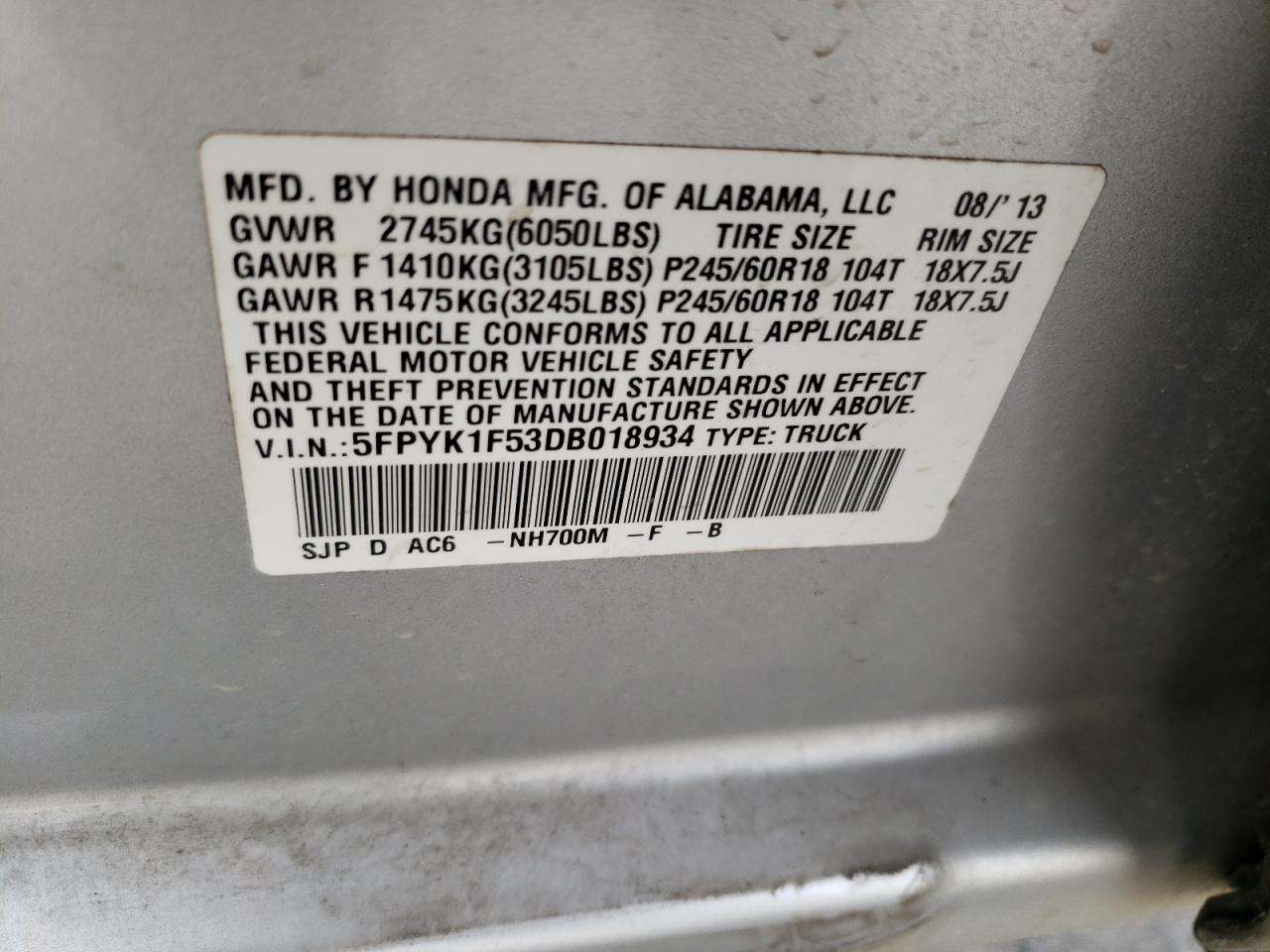 Photo 10 from auction – 2013 HONDA RIDGELINE with VIN 5FPYK1F53DB018934