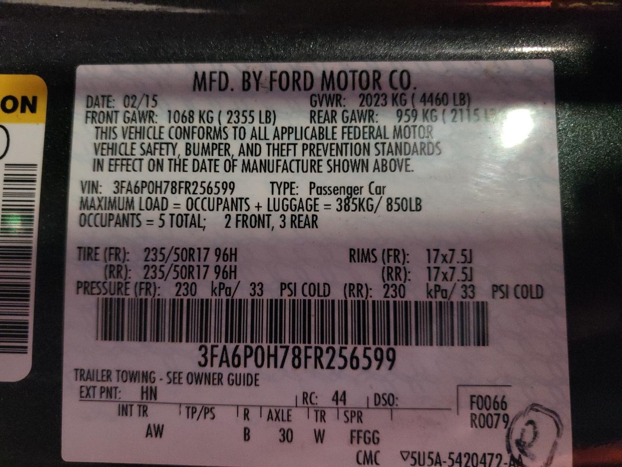 Photo 10 from auction – 2015 FORD FUSION SE with VIN 3FA6P0H78FR256599