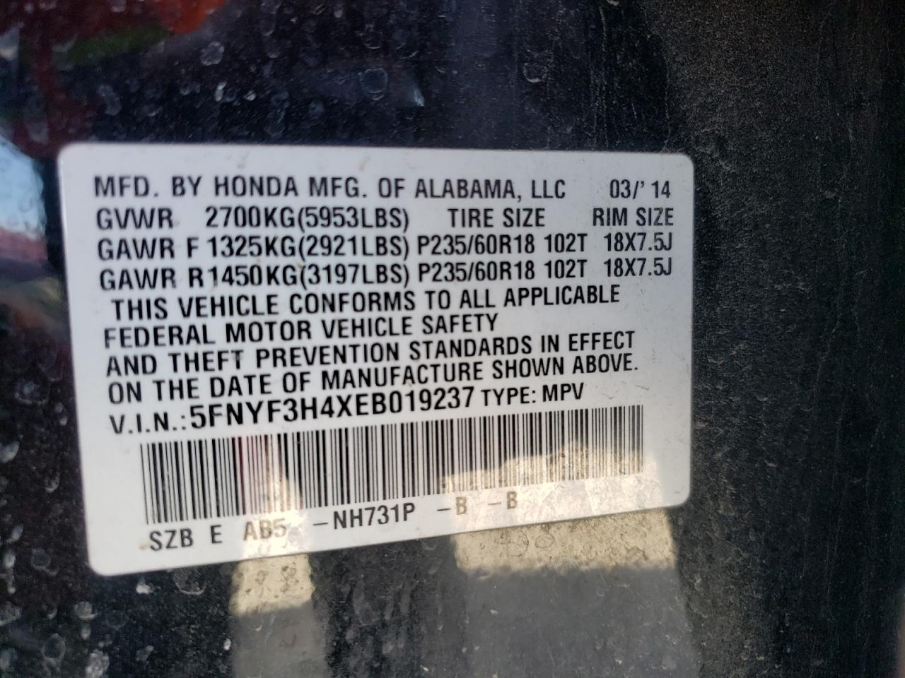 Photo 10 from auction – 2014 HONDA PILOT EX with VIN 5FNYF3H4XEB019237
