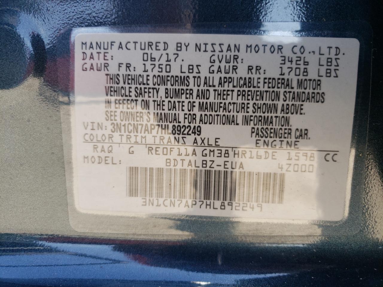 Photo 10 from auction – 2017 NISSAN VERSA S with VIN 3N1CN7AP7HL892249