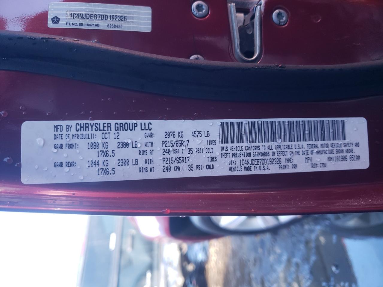 Photo 10 from auction – 2013 JEEP COMPASS LA with VIN 1C4NJDEB7DD192326