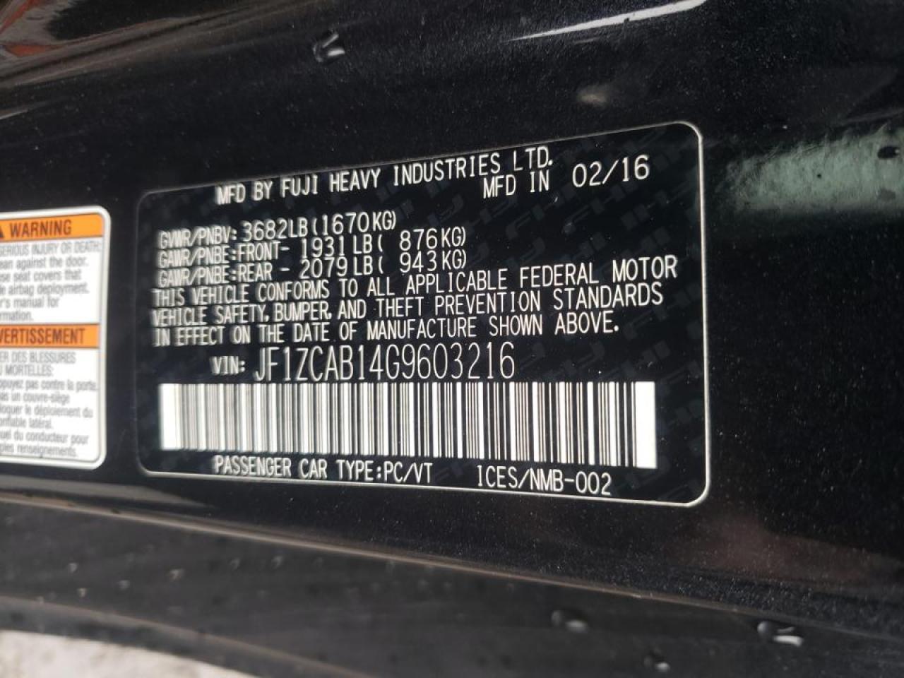 Photo 10 from auction – 2016 SUBARU BRZ 2.0 PR with VIN JF1ZCAB14G9603216