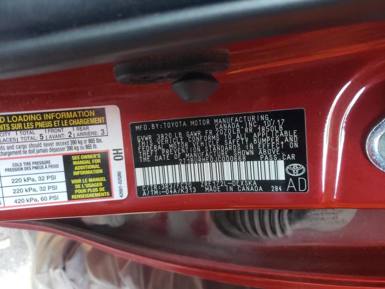 Photo 10 from auction – 2018 TOYOTA COROLLA L with VIN 2T1BURHE0JC000668