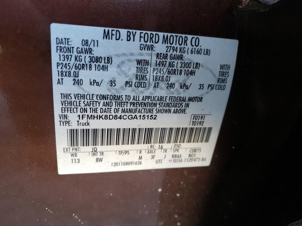 Photo 10 from auction – 2012 FORD EXPLORER X with VIN 1FMHK8D84CGA15152