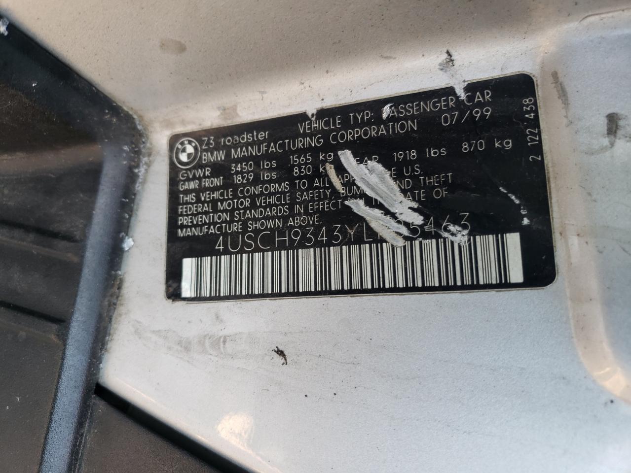 Photo 10 from auction – 2000 BMW Z3 2.3 with VIN 4USCH9343YLF85463