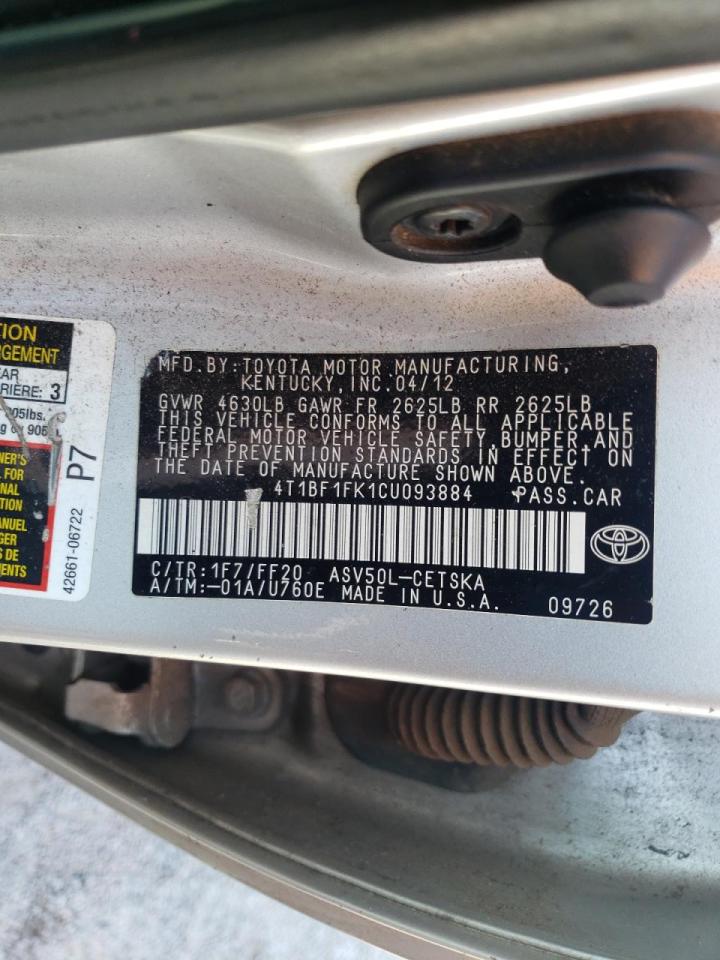 Photo 10 from auction – 2012 TOYOTA CAMRY BASE with VIN 4T1BF1FK1CU093884