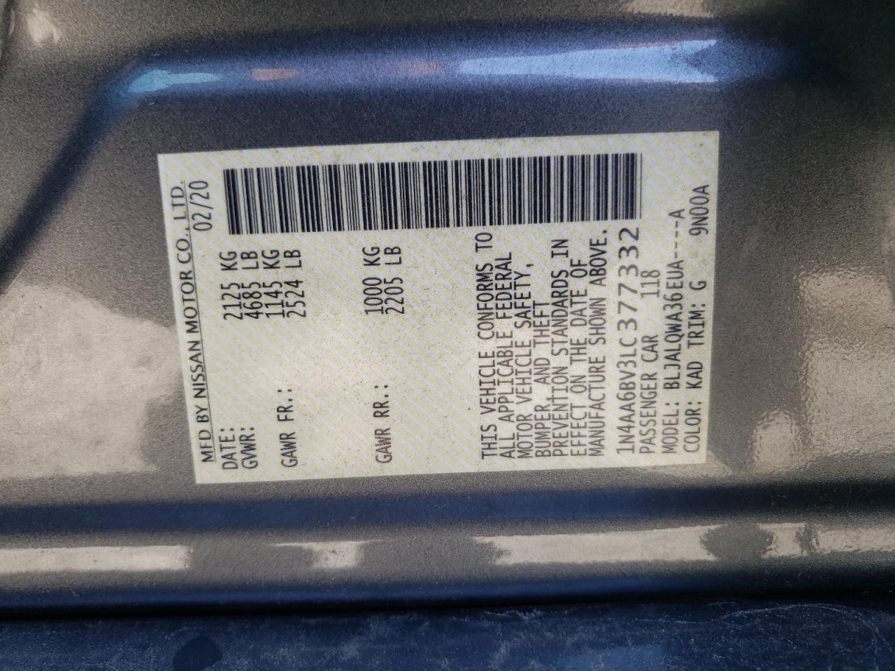 Photo 10 from auction – 2020 NISSAN MAXIMA S with VIN 1N4AA6BV3LC377332