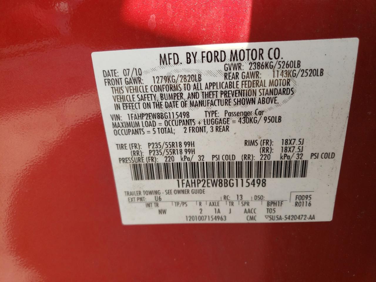 Photo 10 from auction – 2011 FORD TAURUS SEL with VIN 1FAHP2EW8BG115498