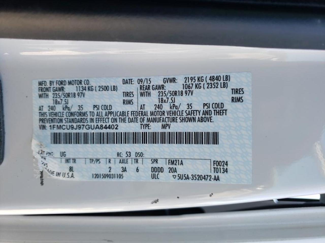 Photo 10 from auction – 2016 FORD ESCAPE TIT with VIN 1FMCU9J97GUA84402