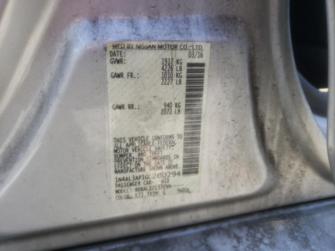 Photo 10 from auction – 2016 NISSAN ALTIMA 2.5 with VIN 1N4AL3AP1GC200294