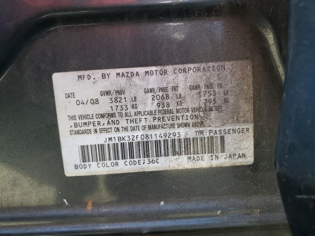 Photo 10 from auction – 2008 MAZDA 3 I with VIN JM1BK32F081149293