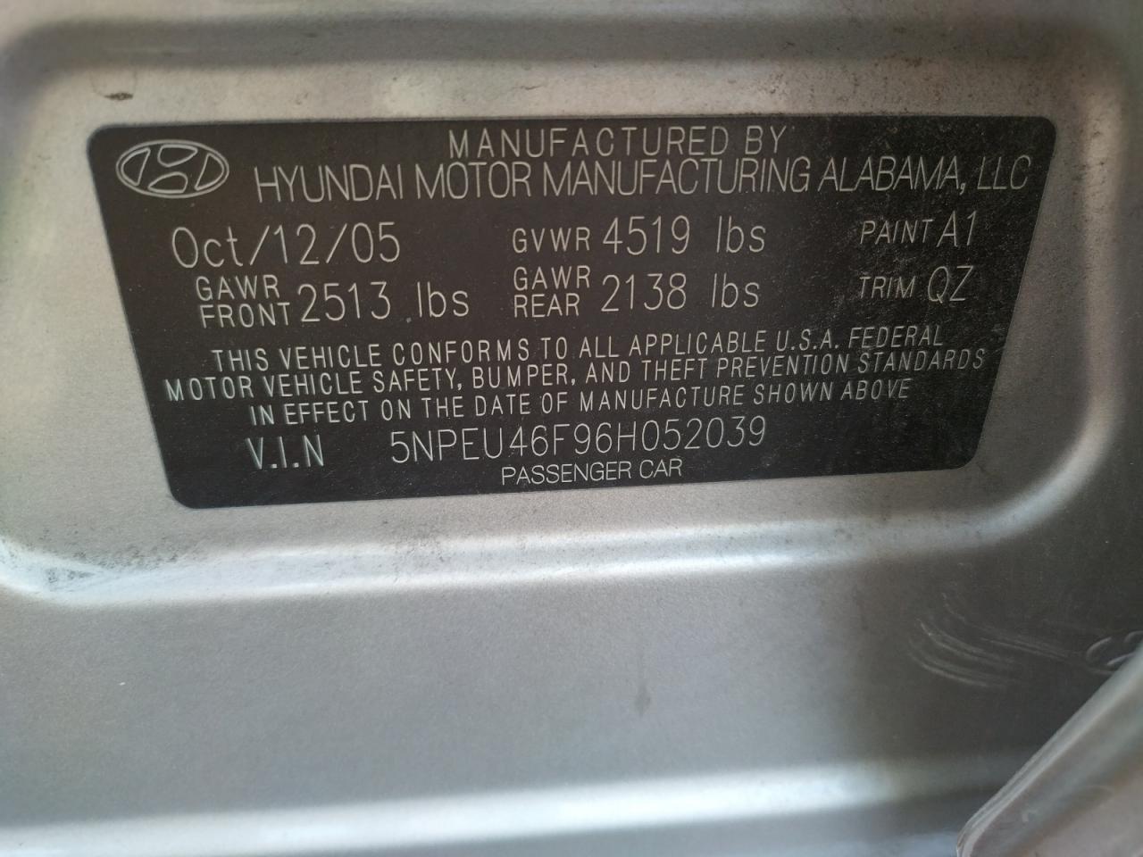 Photo 10 from auction – 2006 HYUNDAI SONATA GLS with VIN 5NPEU46F96H052039