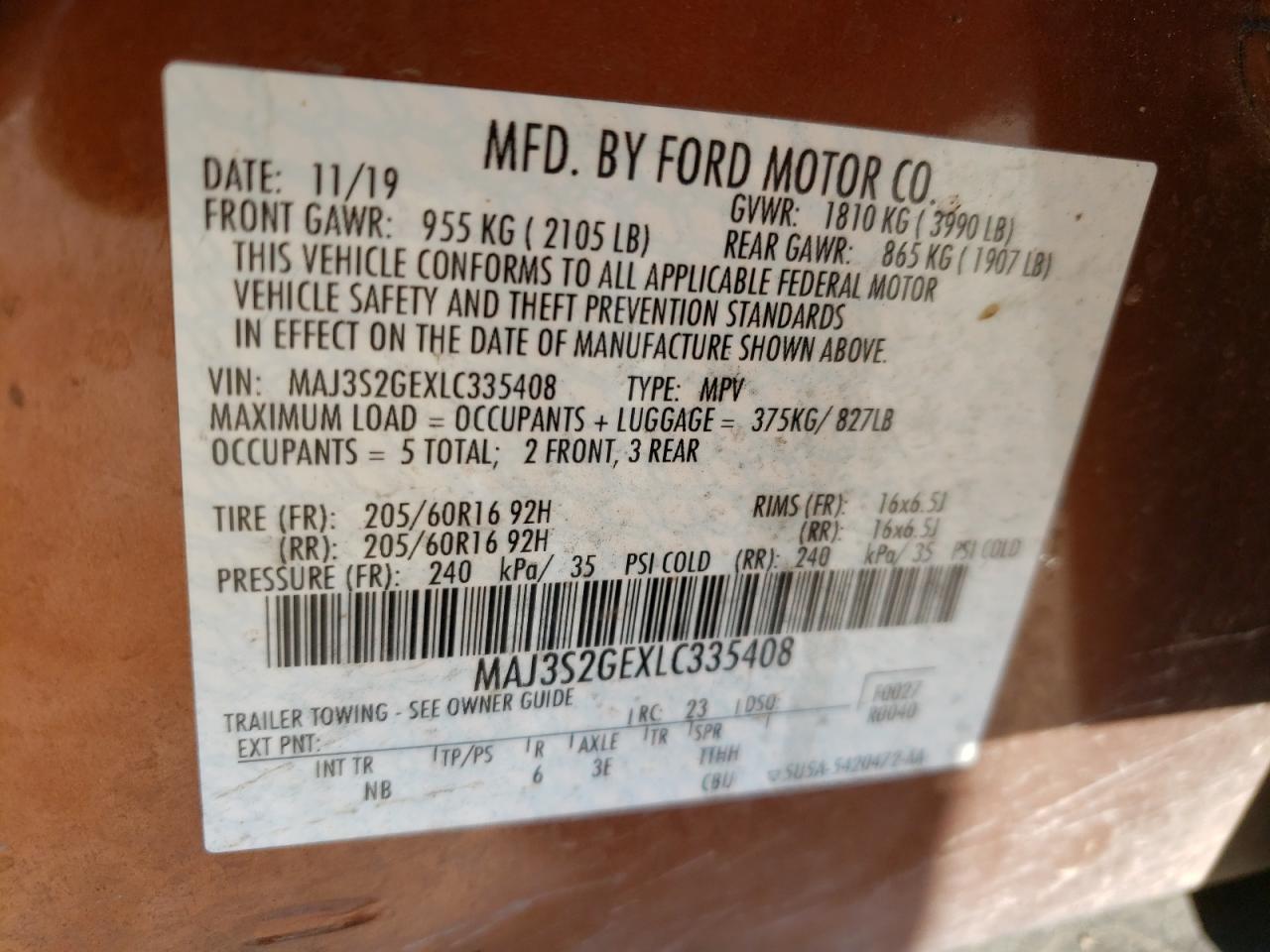 Photo 10 from auction – 2020 FORD ECOSPORT S with VIN MAJ3S2GEXLC335408