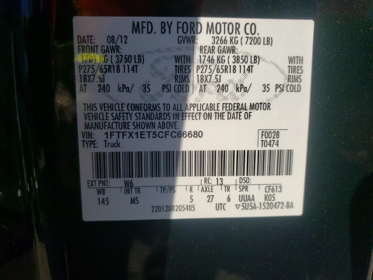 Photo 10 from auction – 2012 FORD F150 SUPER with VIN 1FTFX1ET5CFC66680