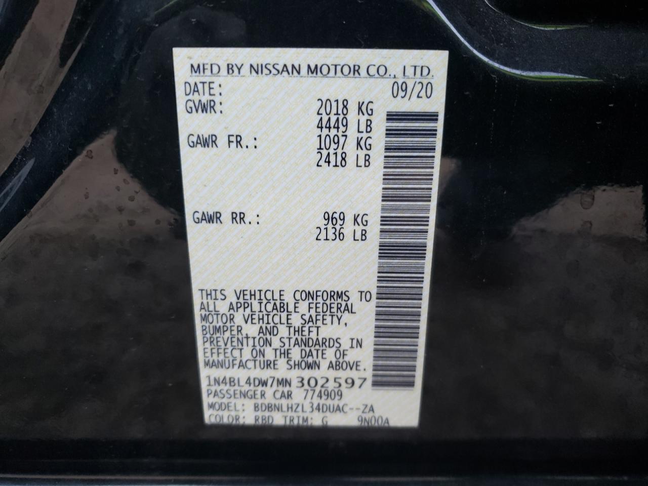 Photo 10 from auction – 2021 NISSAN ALTIMA SV with VIN 1N4BL4DW7MN302597