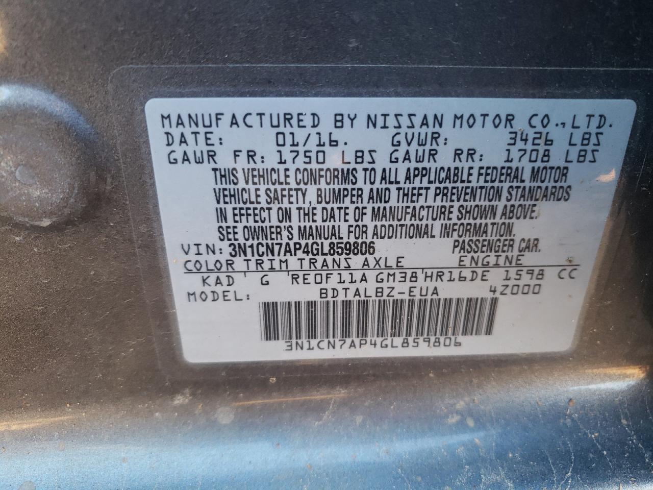 Photo 10 from auction – 2016 NISSAN VERSA S with VIN 3N1CN7AP4GL859806