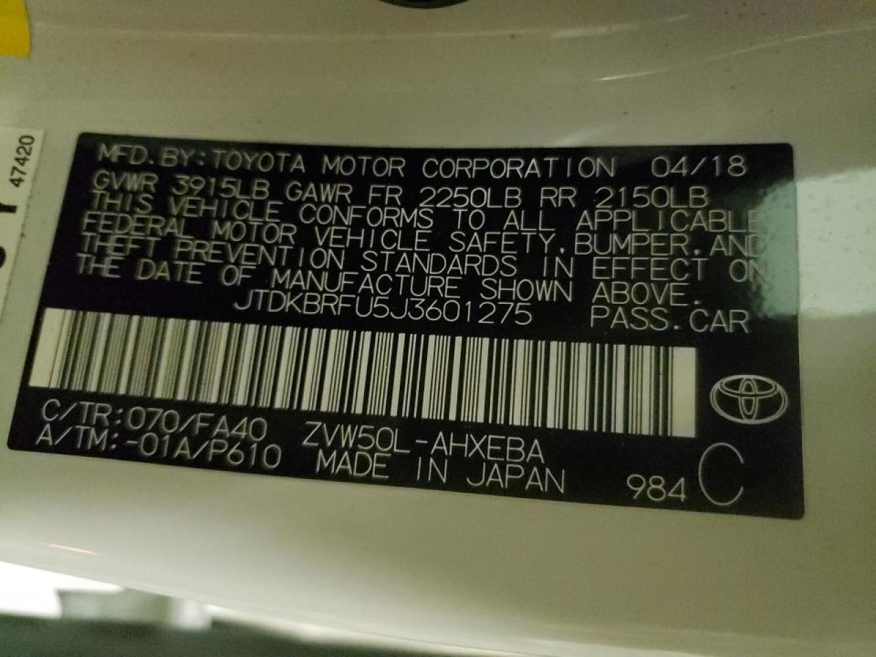 Photo 10 from auction – 2018 TOYOTA PRIUS with VIN JTDKBRFU5J3601275