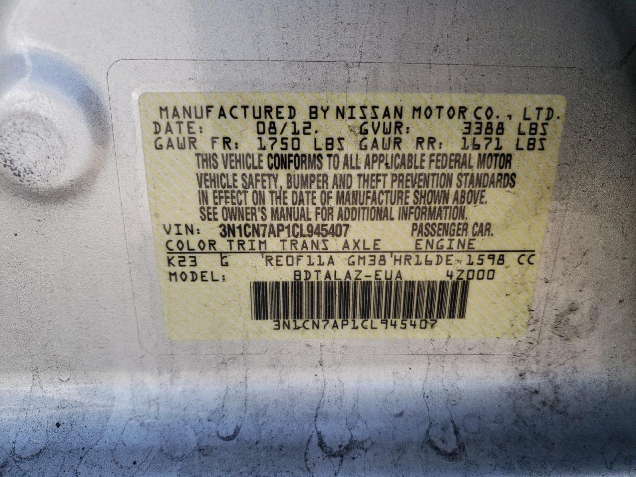 Photo 10 from auction – 2012 NISSAN VERSA S with VIN 3N1CN7AP1CL945407