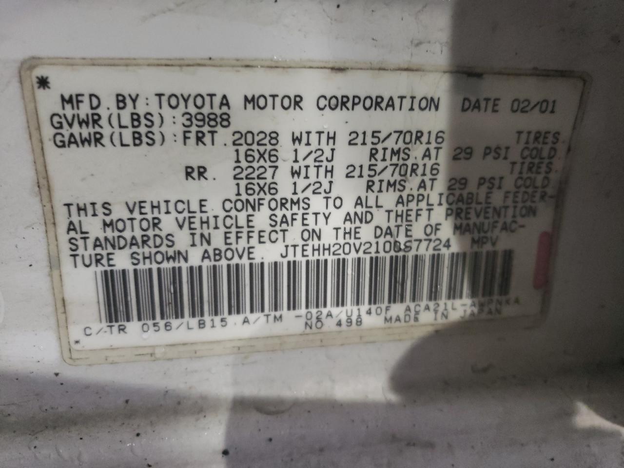 Photo 10 from auction – 2001 TOYOTA RAV4 with VIN JTEHH20V210087724