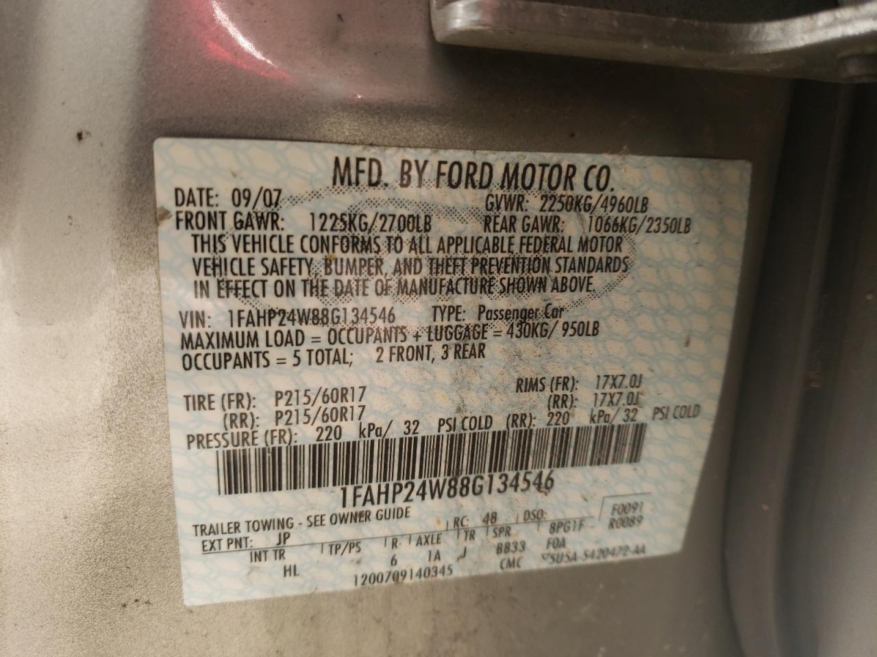 Photo 10 from auction – 2008 FORD TAURUS SEL with VIN 1FAHP24W88G134546