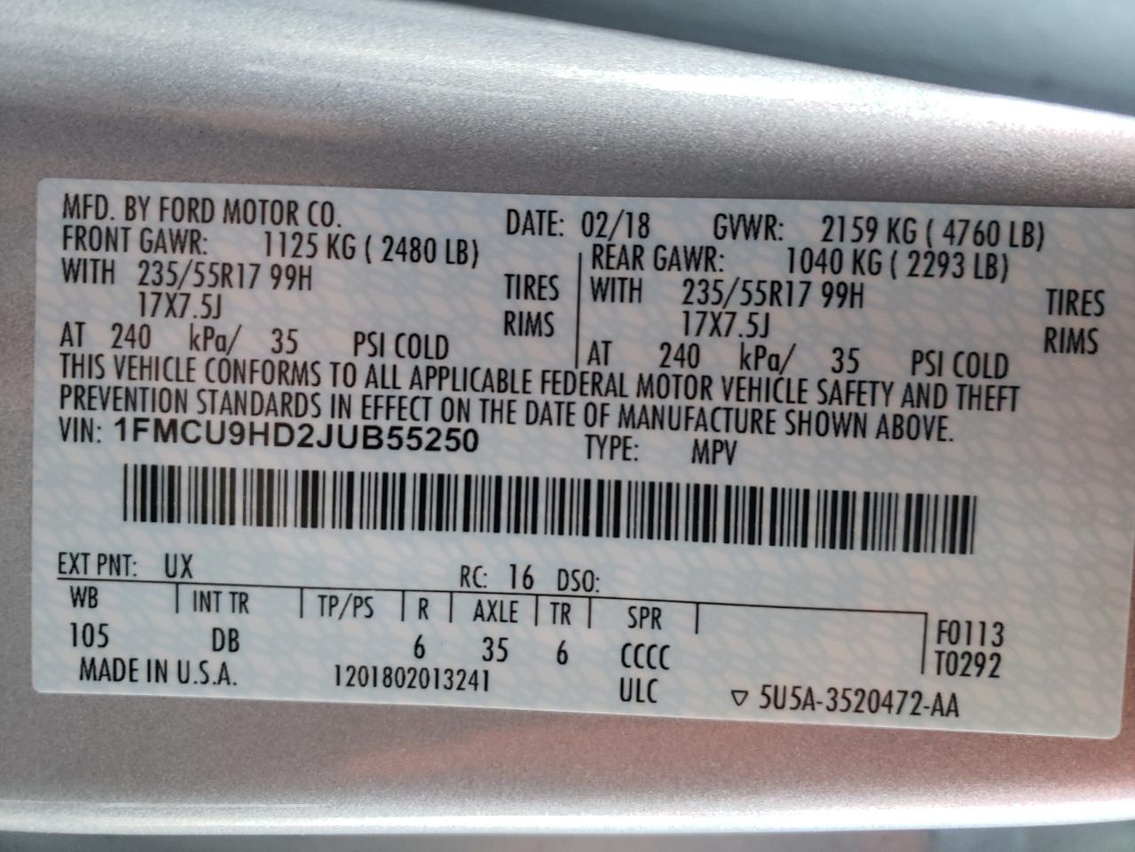 Photo 10 from auction – 2018 FORD ESCAPE SEL with VIN 1FMCU9HD2JUB55250