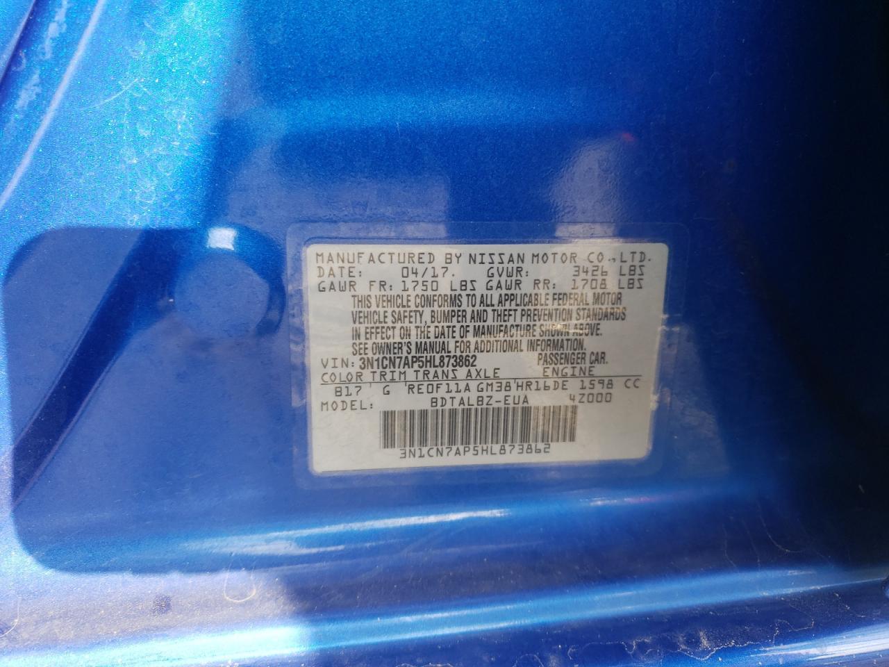 Photo 10 from auction – 2017 NISSAN VERSA S with VIN 3N1CN7AP5HL873862