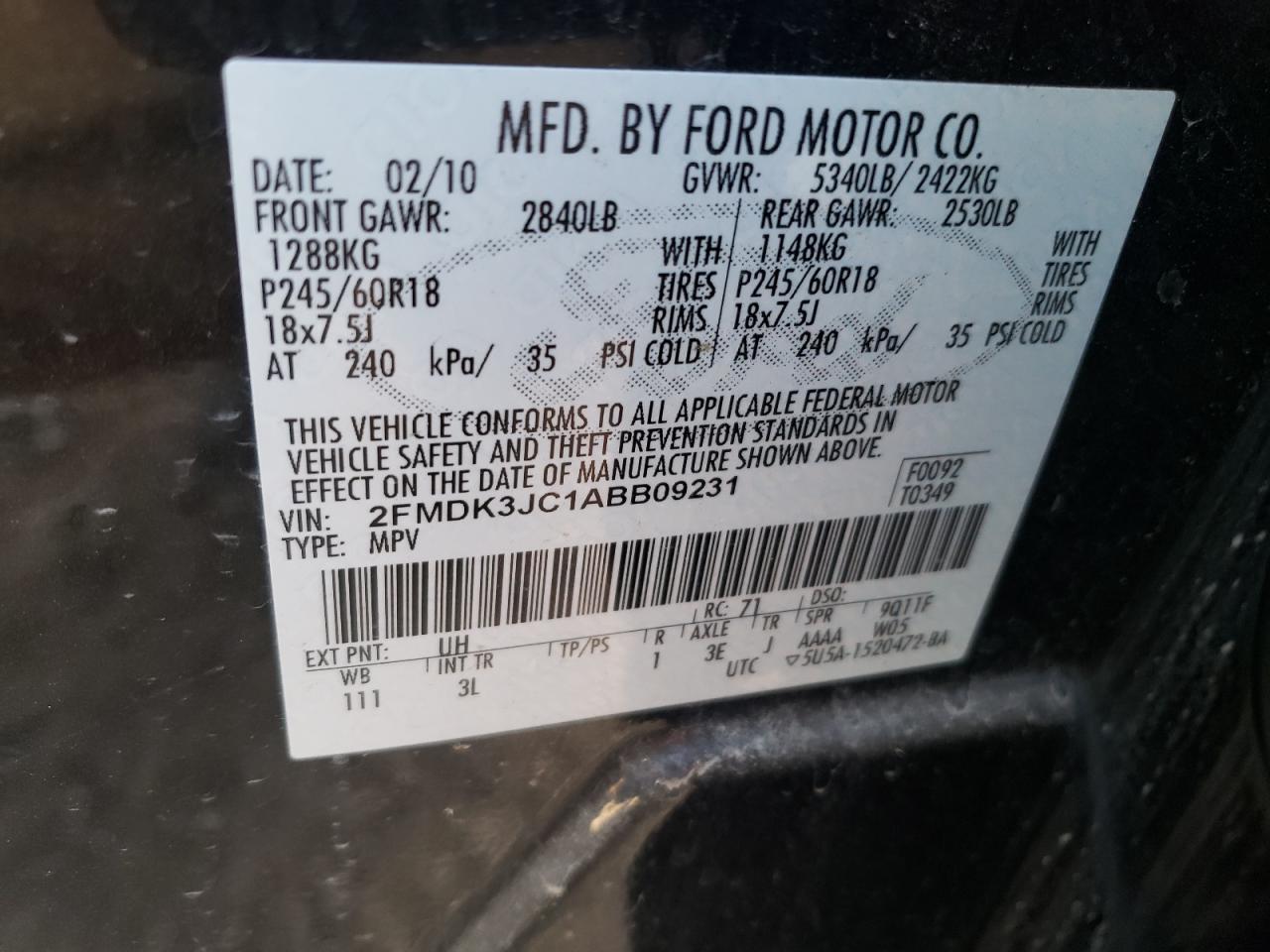Photo 10 from auction – 2010 FORD EDGE SEL with VIN 2FMDK3JC1ABB09231