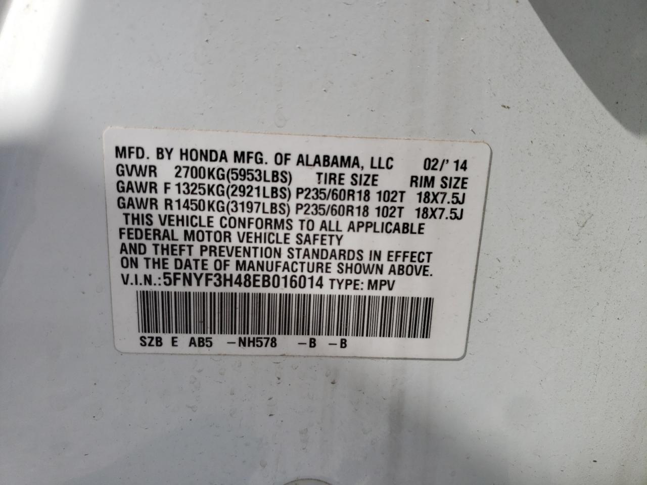 Photo 10 from auction – 2014 HONDA PILOT EX with VIN 5FNYF3H48EB016014