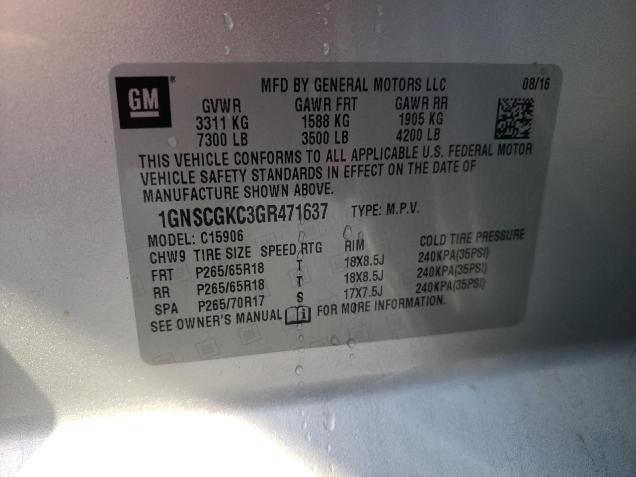 Photo 10 from auction – 2016 CHEVROLET SUBURBAN C with VIN 1GNSCGKC3GR471637