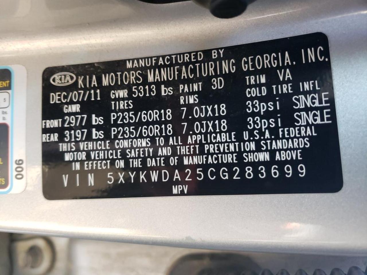Photo 10 from auction – 2012 KIA SORENTO SX with VIN 5XYKWDA25CG283699