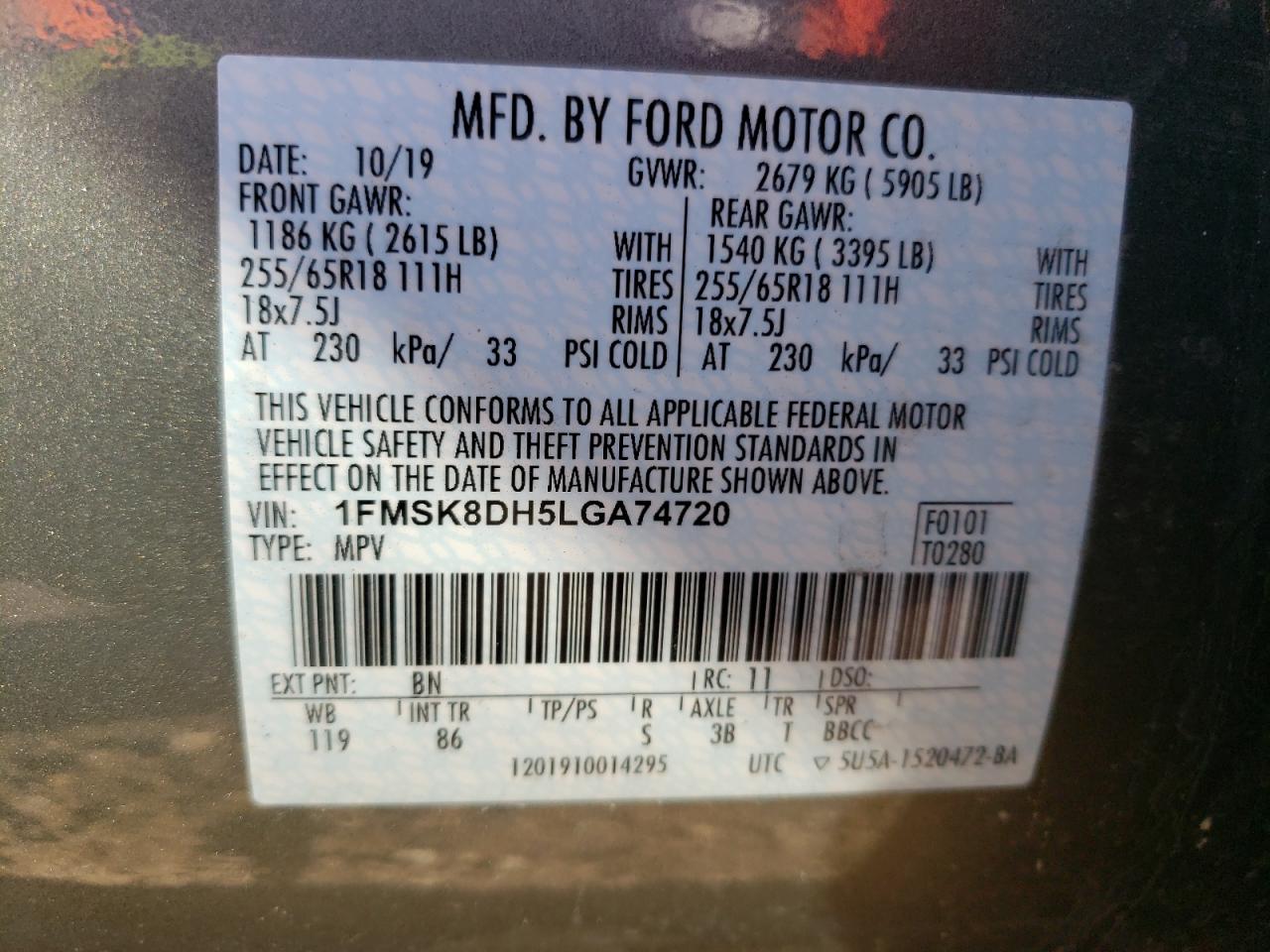 Photo 10 from auction – 2020 FORD EXPLORER X with VIN 1FMSK8DH5LGA74720