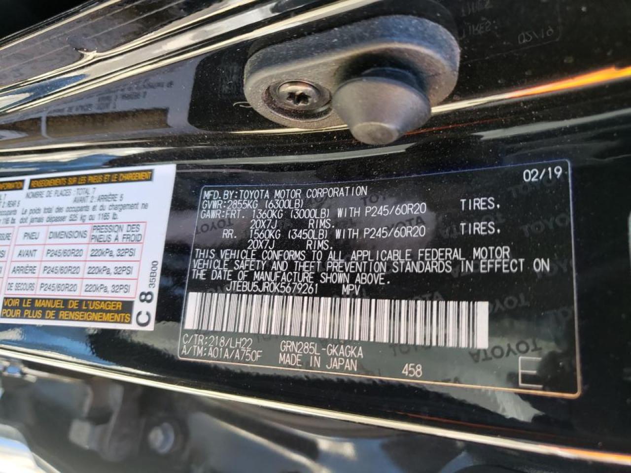 Photo 10 from auction – 2019 TOYOTA 4RUNNER SR with VIN JTEBU5JR0K5679261