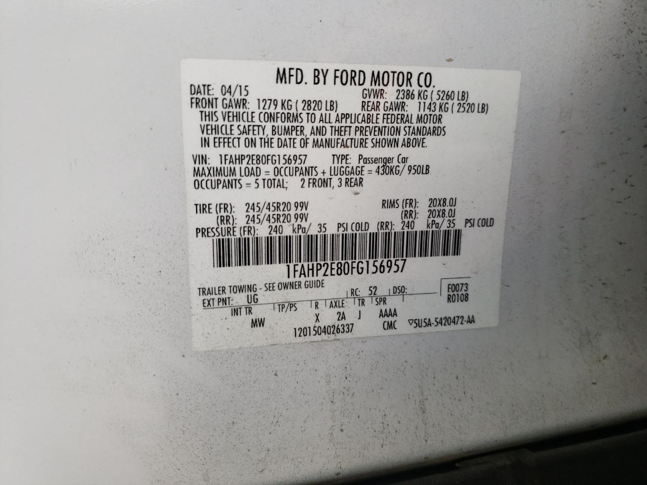 Photo 10 from auction – 2015 FORD TAURUS SEL with VIN 1FAHP2E80FG156957