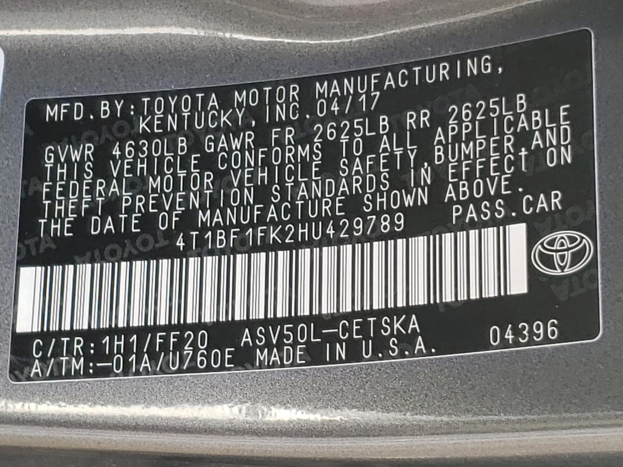 Photo 10 from auction – 2017 TOYOTA CAMRY LE with VIN 4T1BF1FK2HU429789