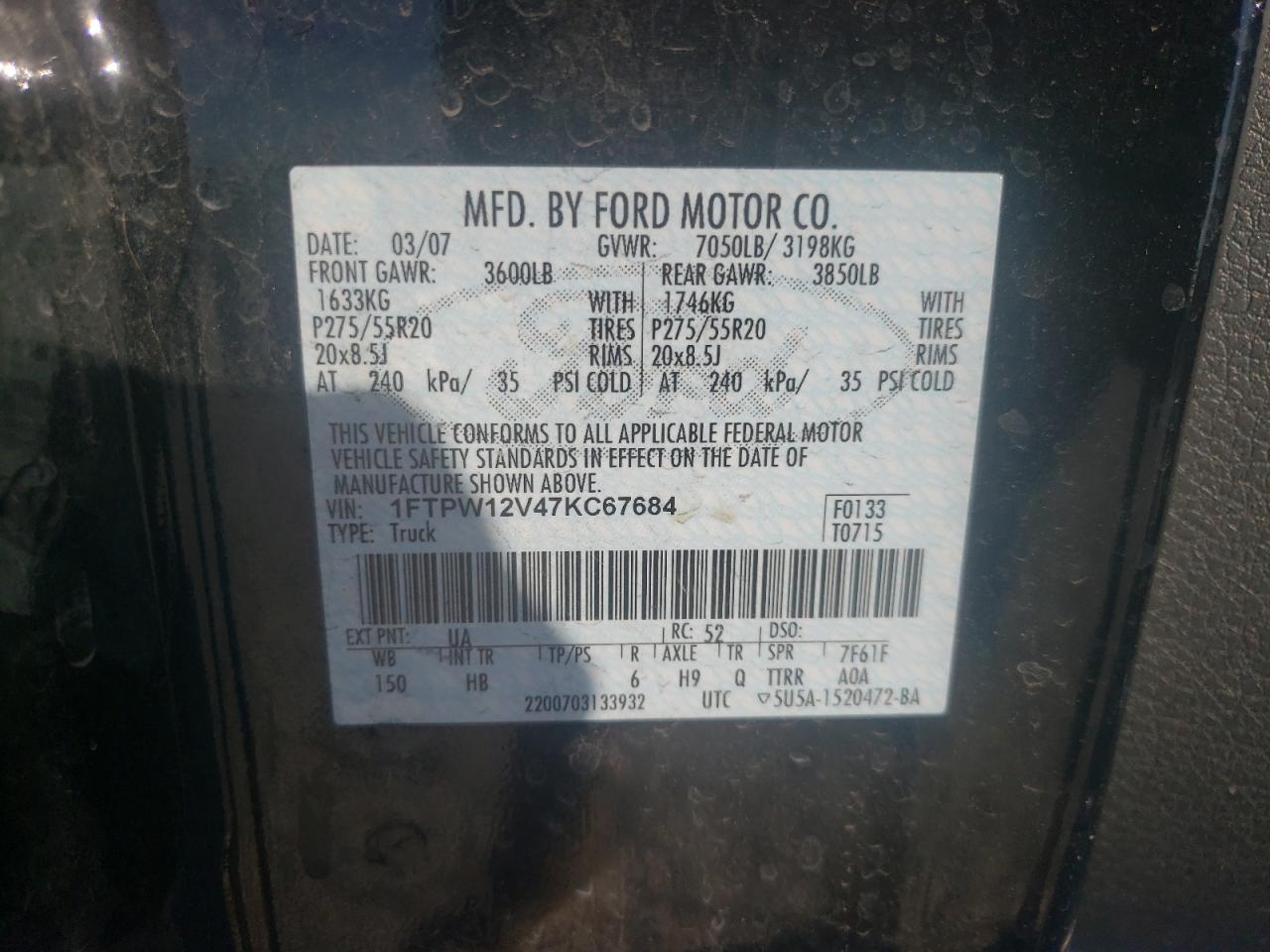 Photo 10 from auction – 2007 FORD F150 SUPER with VIN 1FTPW12V47KC67684